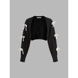 Commense Bow Knotted Cropped Cable Knit Cardigan Girly Cozy Black NWT XL